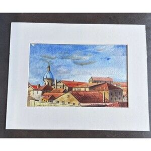 Original Watercolor Painting Roofs Of Dubrovnik Croatia 6x8.5” Matted 1984 Vtg